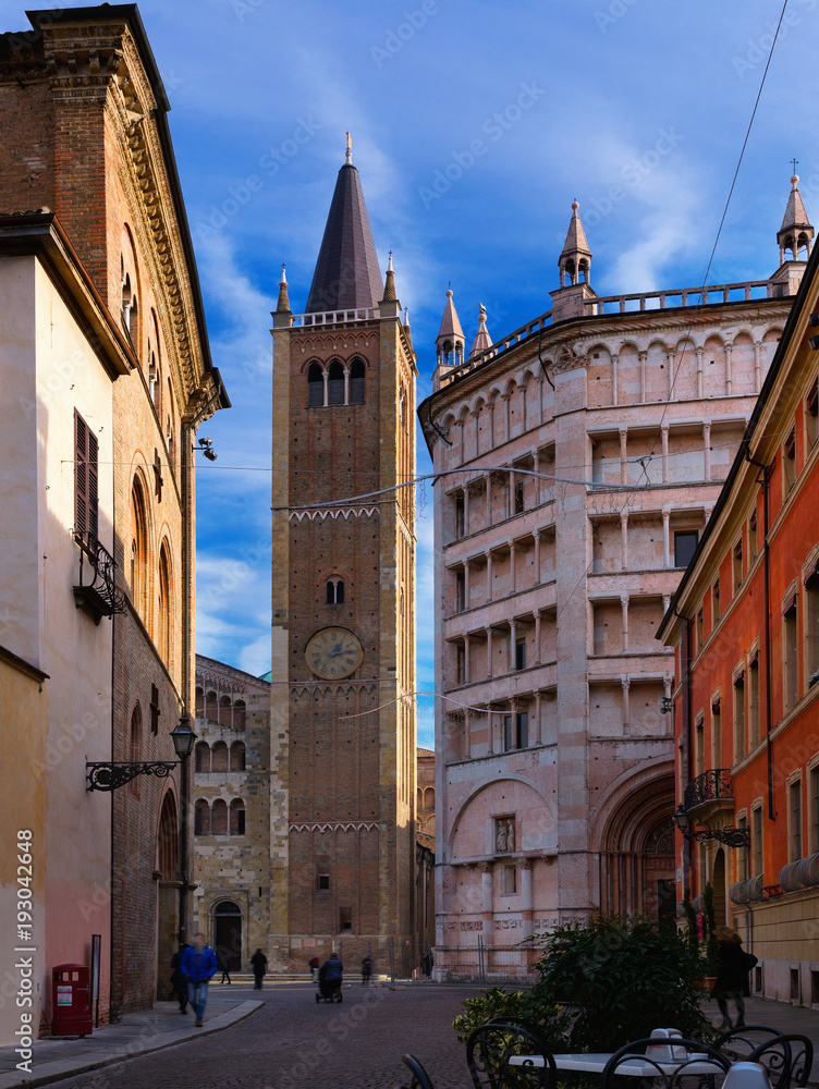City square with Baptistery and Cathedral of Parma in Italy