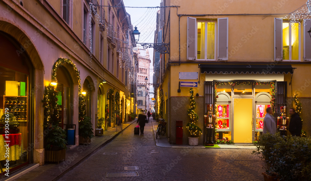 New Year's illumination  streets of Parma city at evening