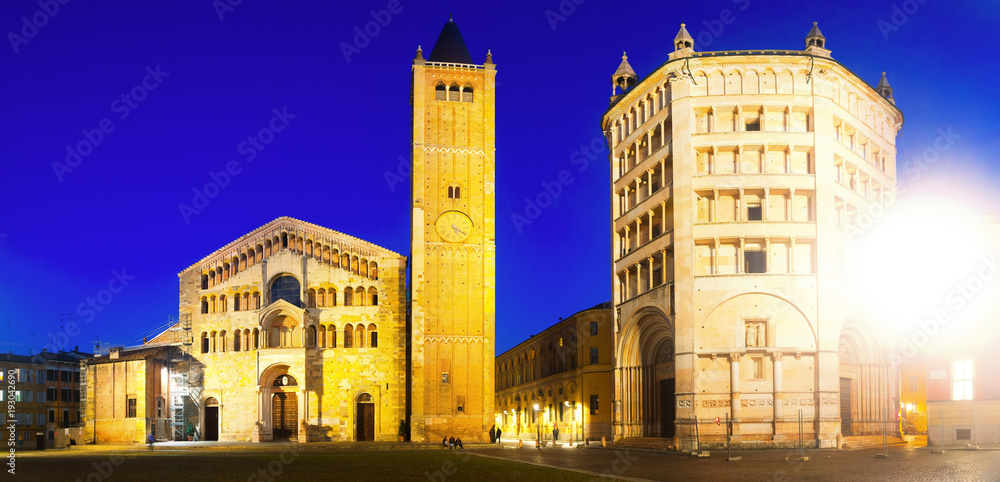 Ancient Piazza Duomo , cathedral and baptistery at dusk, Parma