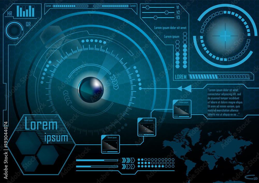 HUD GUI Radar monitor screen. Futuristic game technology outer space background. User interface world map, business abstract infographic template. Vector. HUD GUI Radar monitor screen. Futuristic game technology outer space background. User interface world map, business abstract infographic template. Vector.