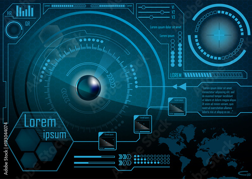 HUD GUI Radar monitor screen. Futuristic game technology outer space background. User interface world map, business abstract infographic template. Vector.