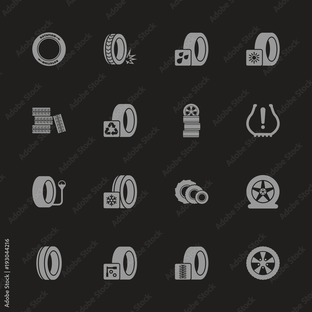 Tires icons - Gray symbol on black background. Simple illustration. Flat Vector Icon. Tires icons - Gray symbol on black background. Simple illustration. Flat Vector Icon.