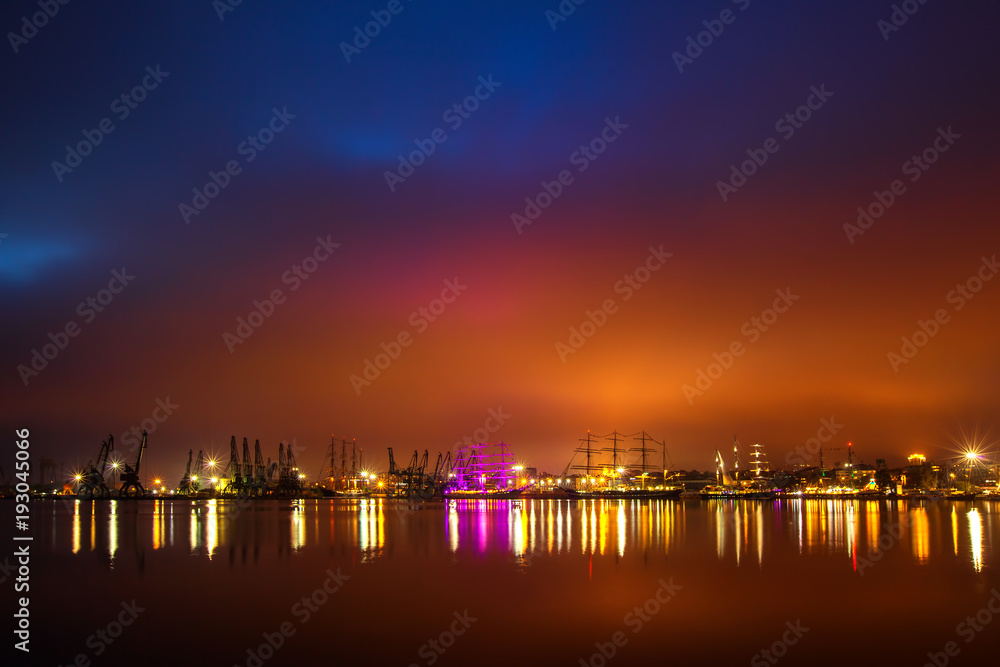 Sea port and night lights. Regata Tall ship in the Varna's Harbor, Bulgaria
