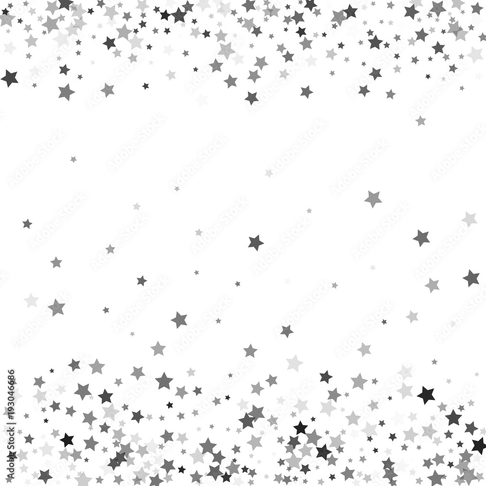 Abstract pattern of random falling silver stars on white background. Glitter template for banner, greeting, Christmas and New Year card, invitation, postcard, paper packaging. Vector