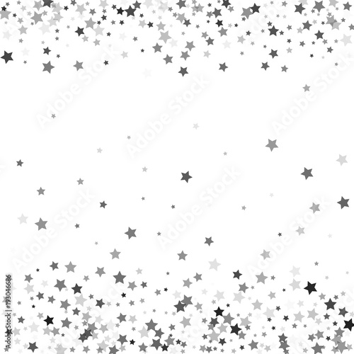 Abstract pattern of random falling silver stars on white background. Glitter template for banner  greeting  Christmas and New Year card  invitation  postcard  paper packaging. Vector