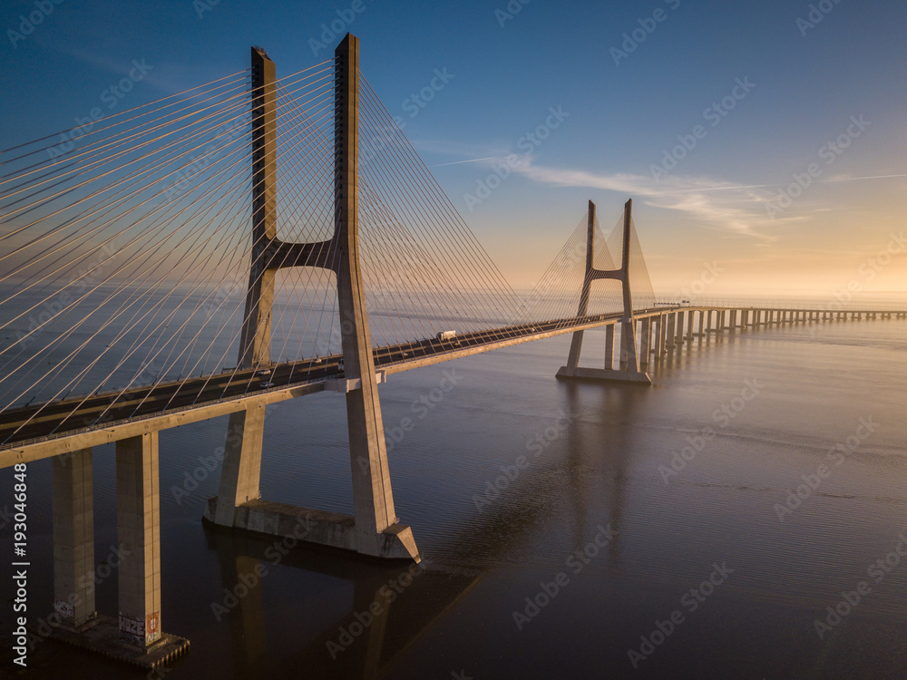 Obraz premium Aerial view from Vasco da Gama bridge between Lisbon and Montijo, Portugal