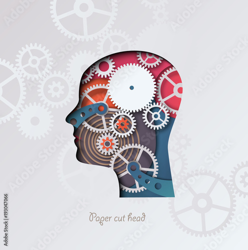 Paper cut head. Colorful head, with 3D gear mechanism on a silver, metallic background. Process of thinking, artificial intelligence. Modern vector illustration. Banner, card.