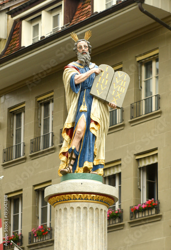 Statue Moses fountain at Münsterplatz in Bern, Switzerland photo