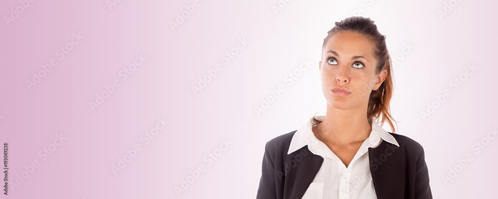 Beautiful business woman looking left up. Wide size banner with copy space. Beautiful business woman looking left up. Wide size banner with copy space.