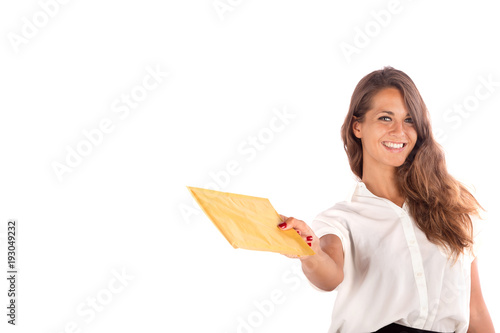 Pretty woman holding a blank envelope, isolated on white, customizable background