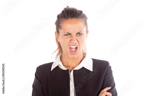 Beautiful and angry business woman, square size banner with copy space
