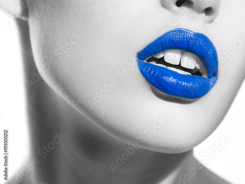 Blue lips on black and white photo