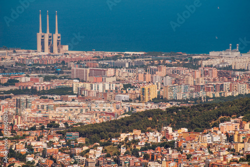 Scenic aerial view from Tibidabo mountain over the city of Barcelona, Spain