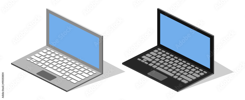 Isometric 3D vector illustration concept computer laptop front view and back view Isometric 3D vector illustration concept computer laptop front view and back view