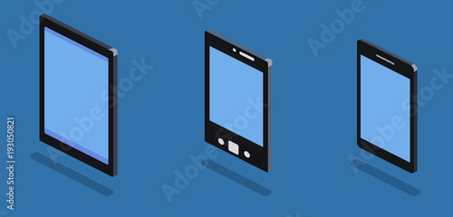 Isometric 3D vector illustration concept collection of technology. Smartphone, tablet and bookreader photo