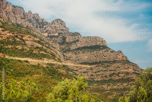 A mountain view with monastery on the top in Montserrat, Spain
