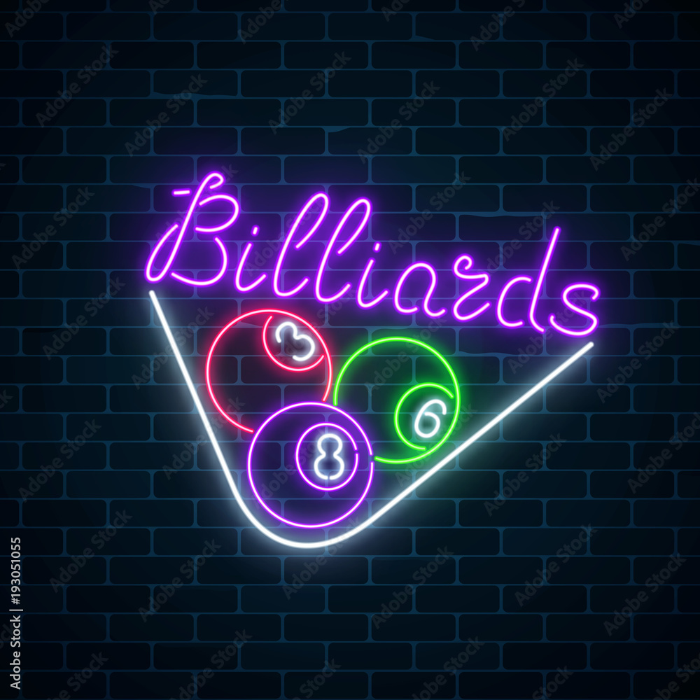 Naklejka premium Glowing neon signboard of bar with billiards on brick wall background. Billiard balls in triangle frame.