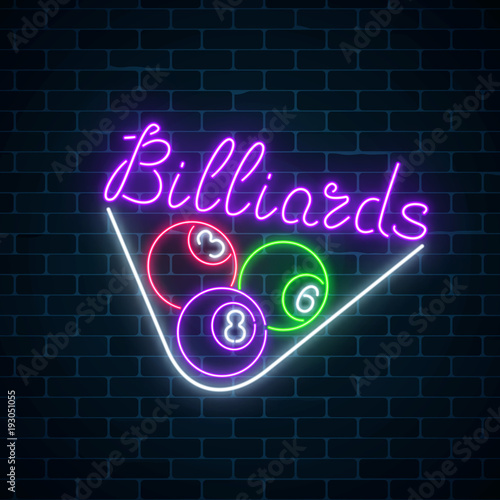 Glowing neon signboard of bar with billiards on brick wall background. Billiard balls in triangle frame.