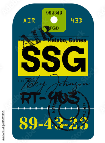 Malabo airport luggage tag. Realistic looking tag with stamp and information written by hand. Design element for creative professionals.