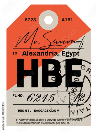 Alexandria airport luggage tag. Realistic looking tag with stamp and information written by hand. Design element for creative professionals.