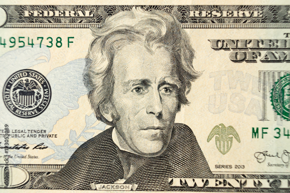 Dollars closeup, Andrew Jackson portrait, Twenty dollar bill Stock