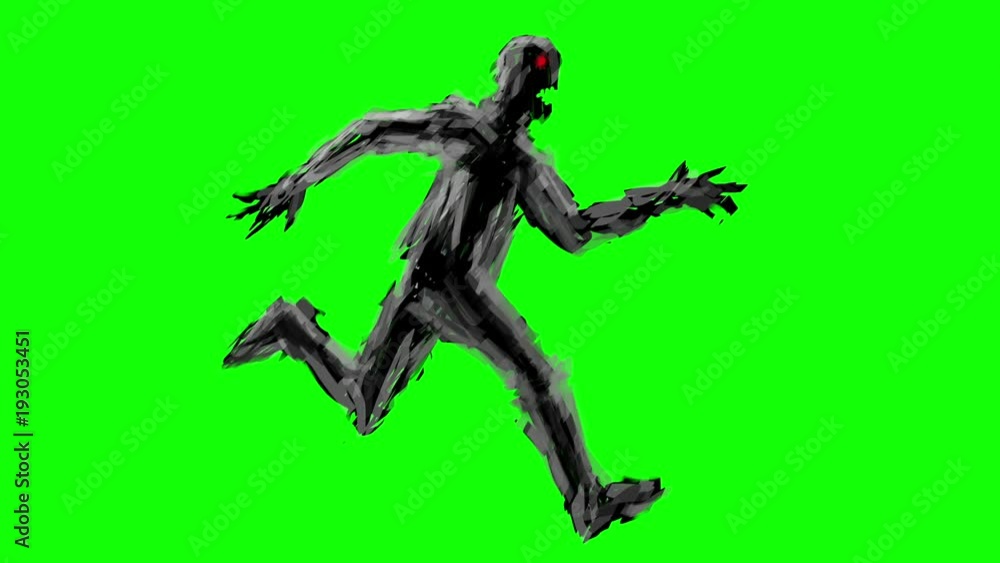 Silhouette of a zombie soldier running into the attack. Side view on a green background. Genre of horror. Looped video. Scary monster character profile. Silhouette of a zombie soldier running into the attack. Side view on a green background. Genre of horror. Looped video. Scary monster character profile.