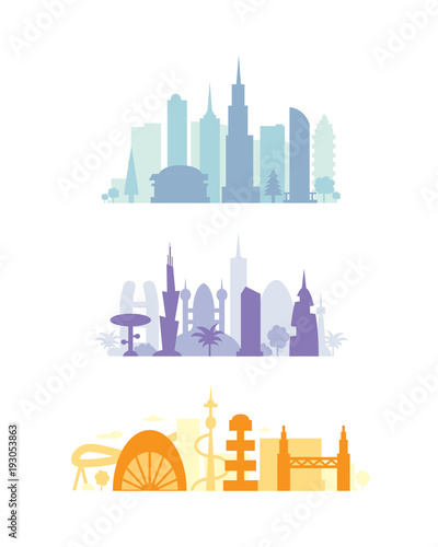 Set city buildings silhouettes. cityscape in future. Modern town elements vector illustration
