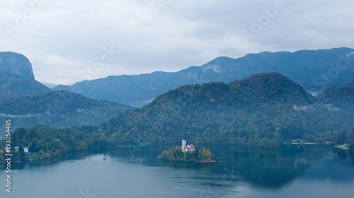 Overview of Bled Island on Bled Lake in Slovenia