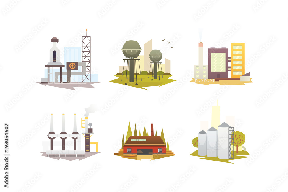 Different industrial factory buildings and plants. Industrial city construction set vector illustrations
