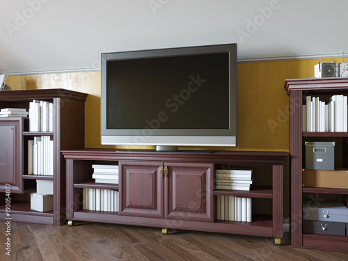 3d illustration of a home library on the attic floor of a private house. Interior design in the traditional classical style. Render mockup of bookshelves with natural wood.  