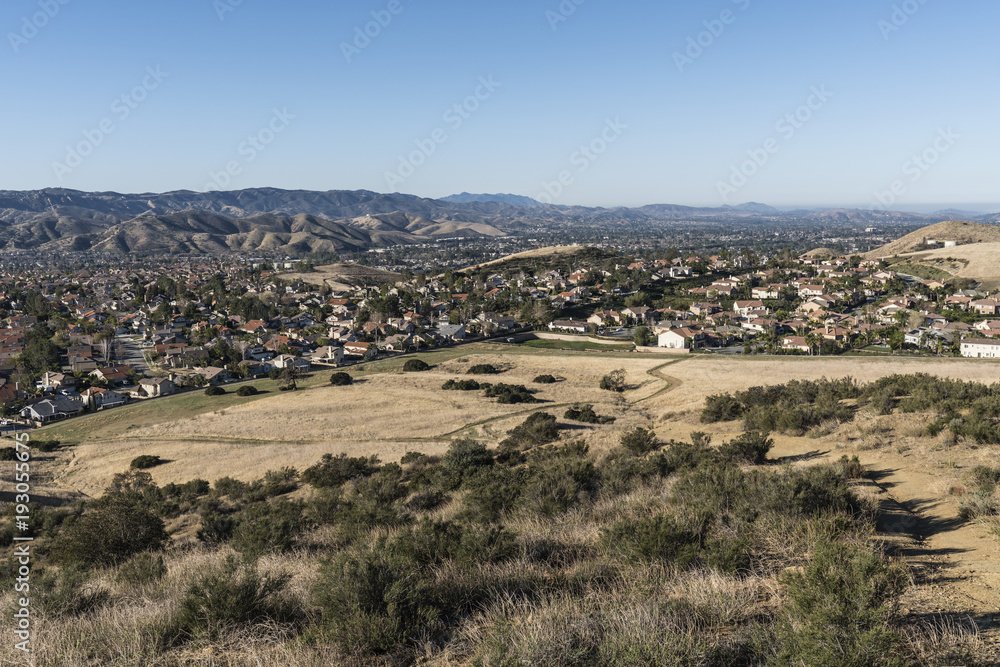 Hilltop view of suburban fields and housing tracts in Simi Valley near Los Angeles in Ventura County California.