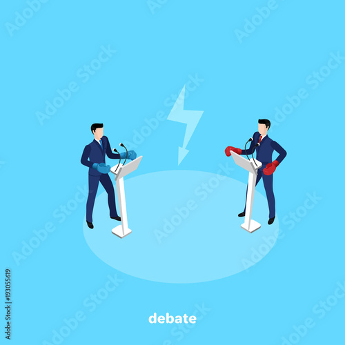 men in business suits and boxing gloves stand behind the stands with a microphone and conduct debates, an isometric image