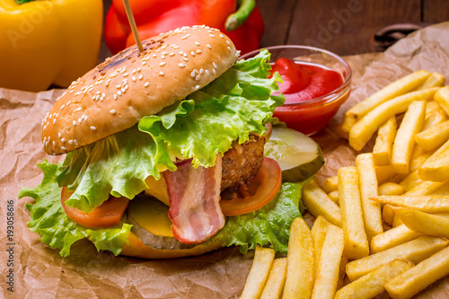 Hamurger with fries photo