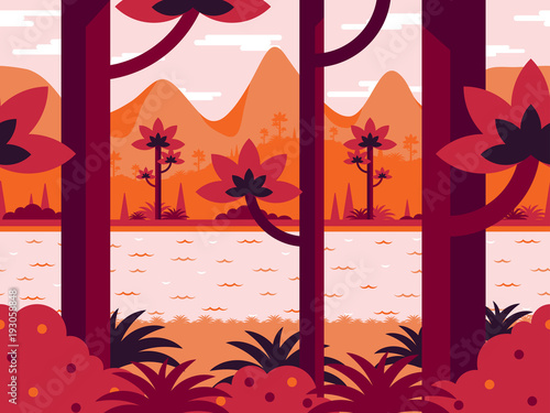Flat vector background in orange colors with forest, river and mountains.