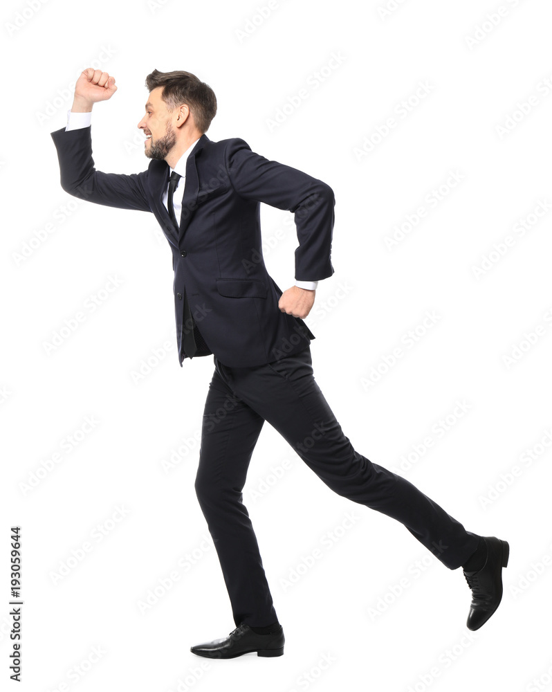 Young businessman running on white background Young businessman running on white background