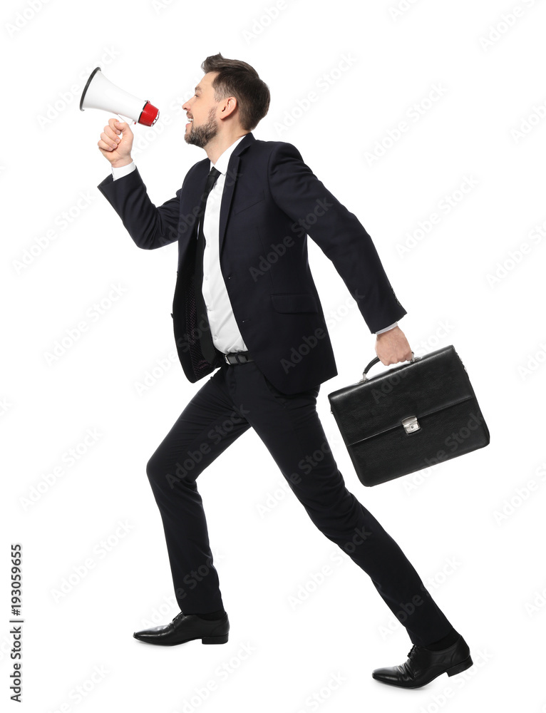 Young businessman with briefcase and megaphone running on white background Young businessman with briefcase and megaphone running on white background