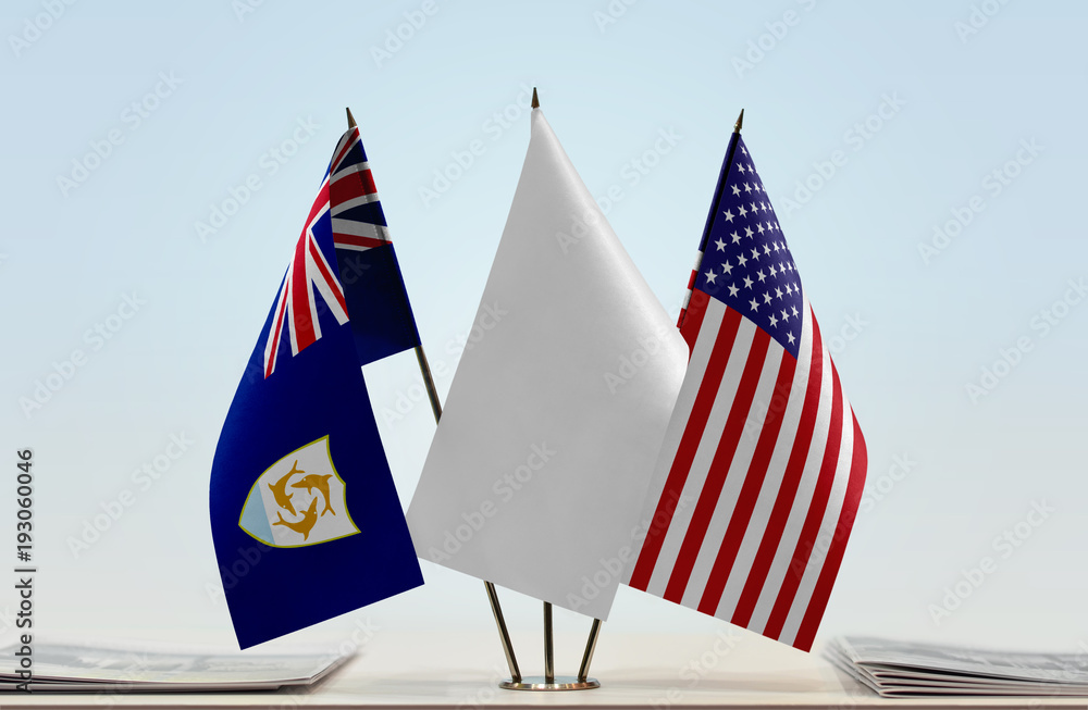 Flags of Anguilla and USA with a white flag in the middle