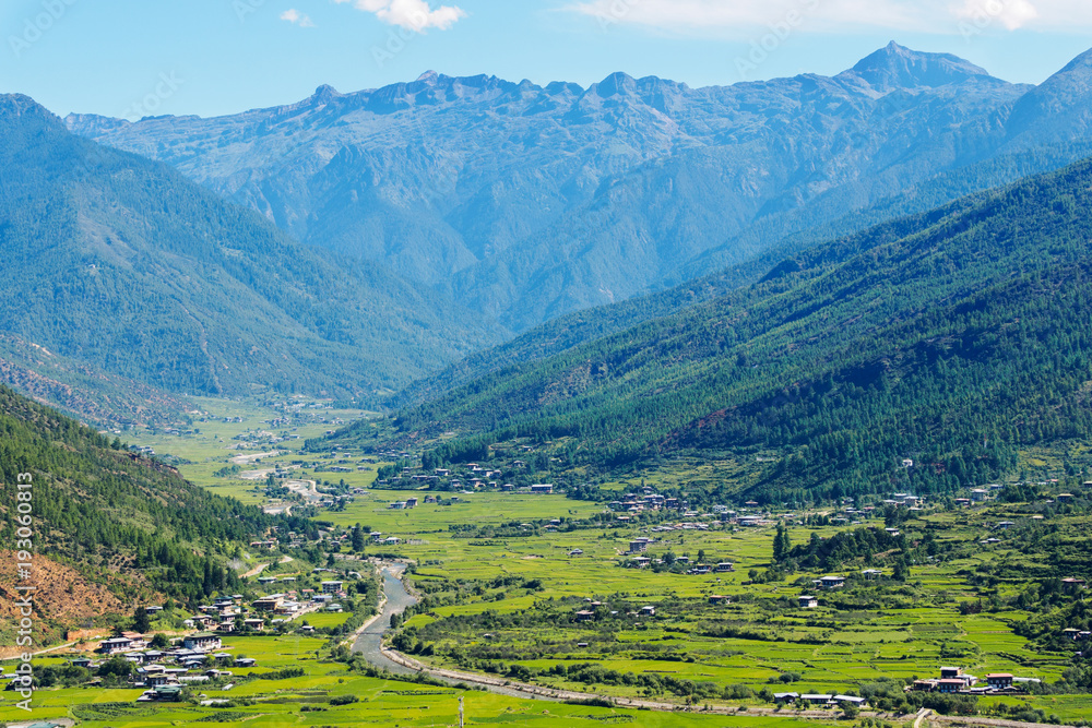 View of Paro Valley, Paro River, and Bhutan Mountain Ranges, Paro, Bhutan