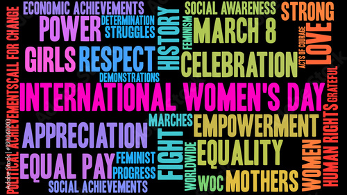 International Women's Day Word Cloud on a black background. 