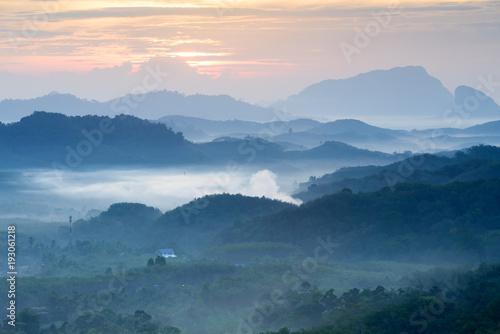 Sunrise Landscape View from Mountain hill in Phang Nga, Thailand