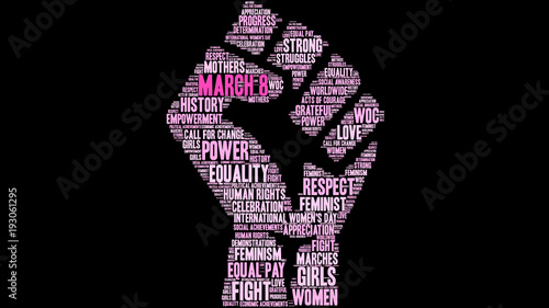 March 8 Word Cloud on a black background. 