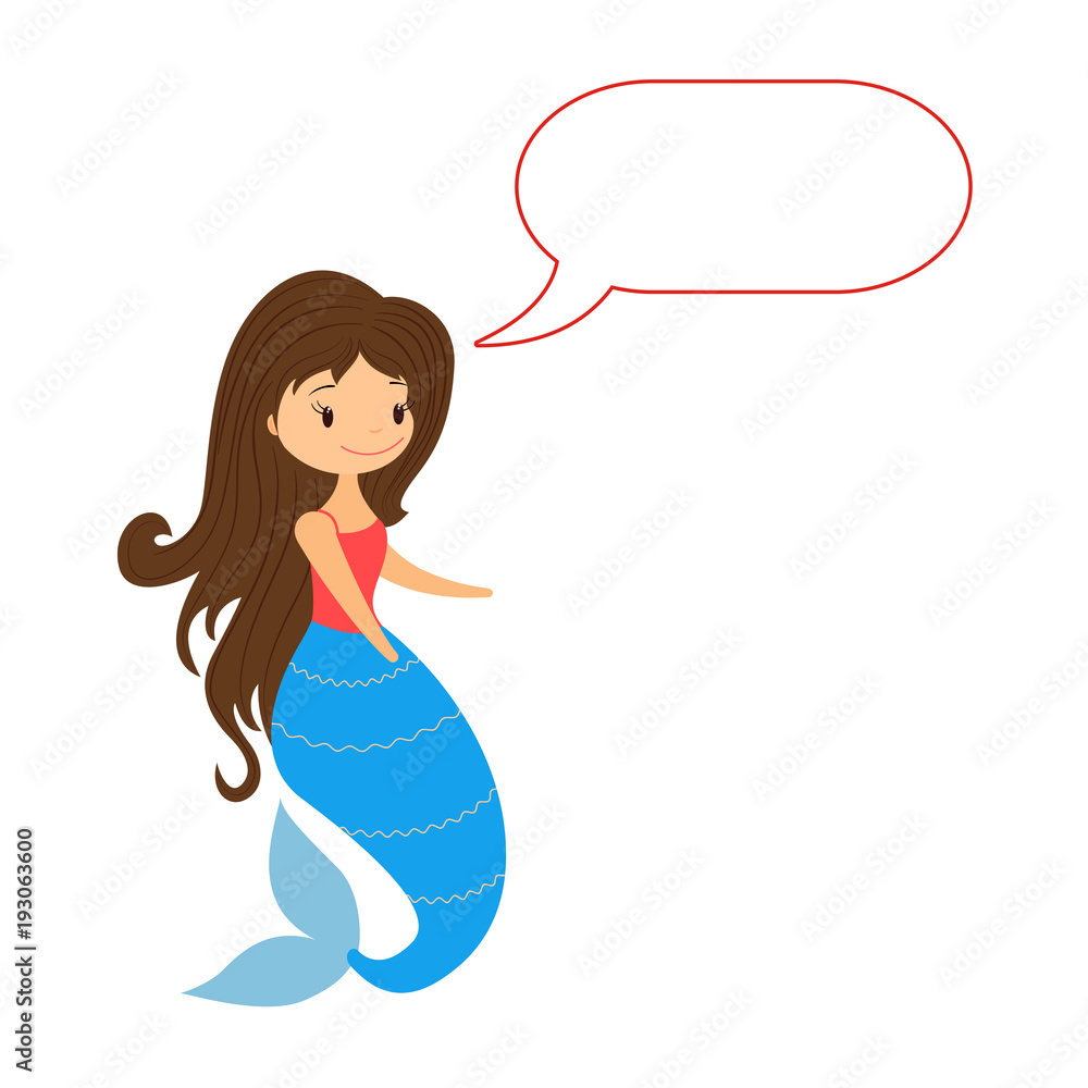 Cute little mermaid with speech bubble on white background. Cartoon mermaid with empty message bubble Cute little mermaid with speech bubble on white background. Cartoon mermaid with empty message bubble
