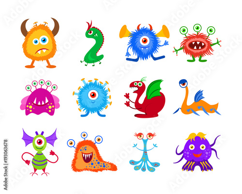 Funny fantasy monster collection. Fairy monster set. Decorative element for your design for Halloween  cards and other.