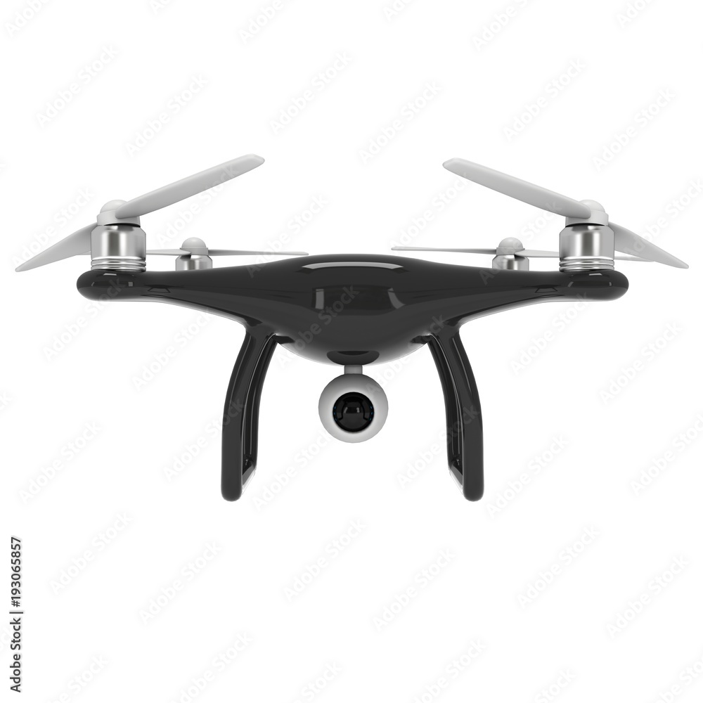 Remote control air drone. Dron flying with action video camera. 3d render Isolated on white background. Remote control air drone. Dron flying with action video camera. 3d render Isolated on white background.