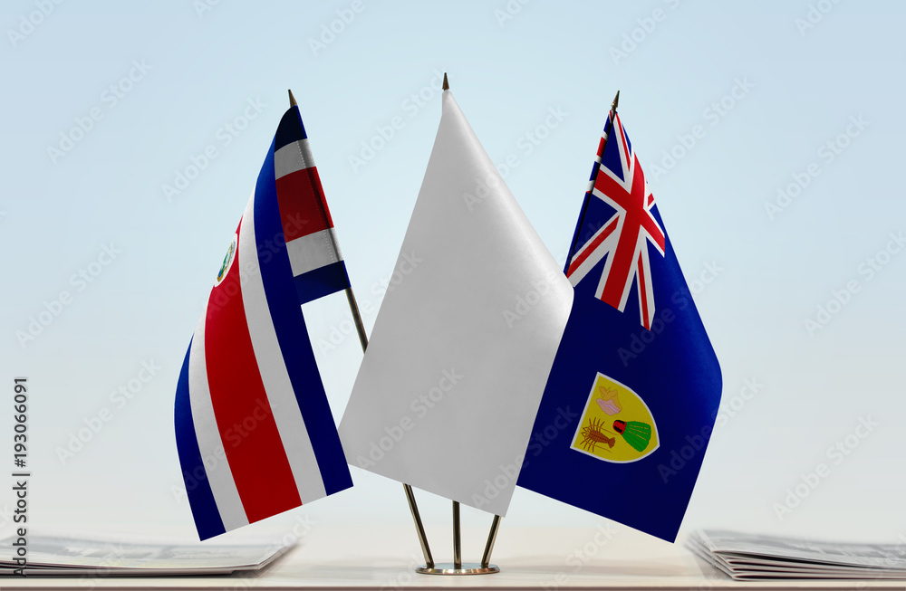 Flags of Costa Rica and Turks and Caicos Islands with a white flag in the middle