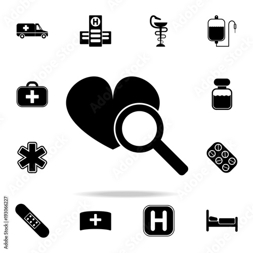 heart search icon. Set of Medecine and hospital icons. Premium quality graphic design. Sign sand symbols collection, simple icons for websites, web design