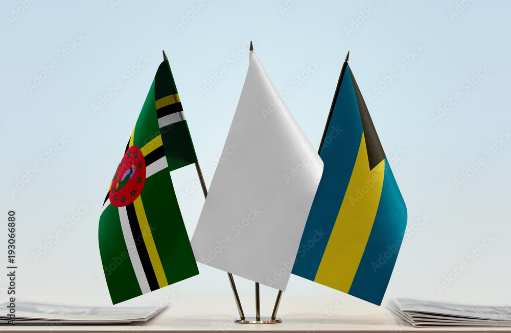 Flags of Dominica and Bahamas with a white flag in the middle