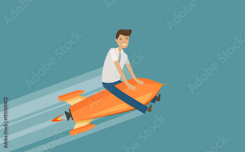 Business, startup concept. Successful businessman flying on high-speed rocket. Cartoon vector illustration