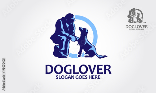 Dog Lover Vector Logo Template. Vector silhouette of people with dog on a white background. Vector logo illustration.