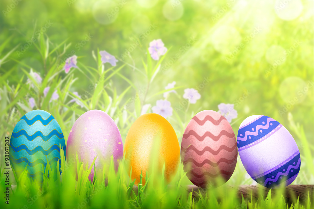 Fototapeta premium Row of colorful easter eggs on wooden plank
